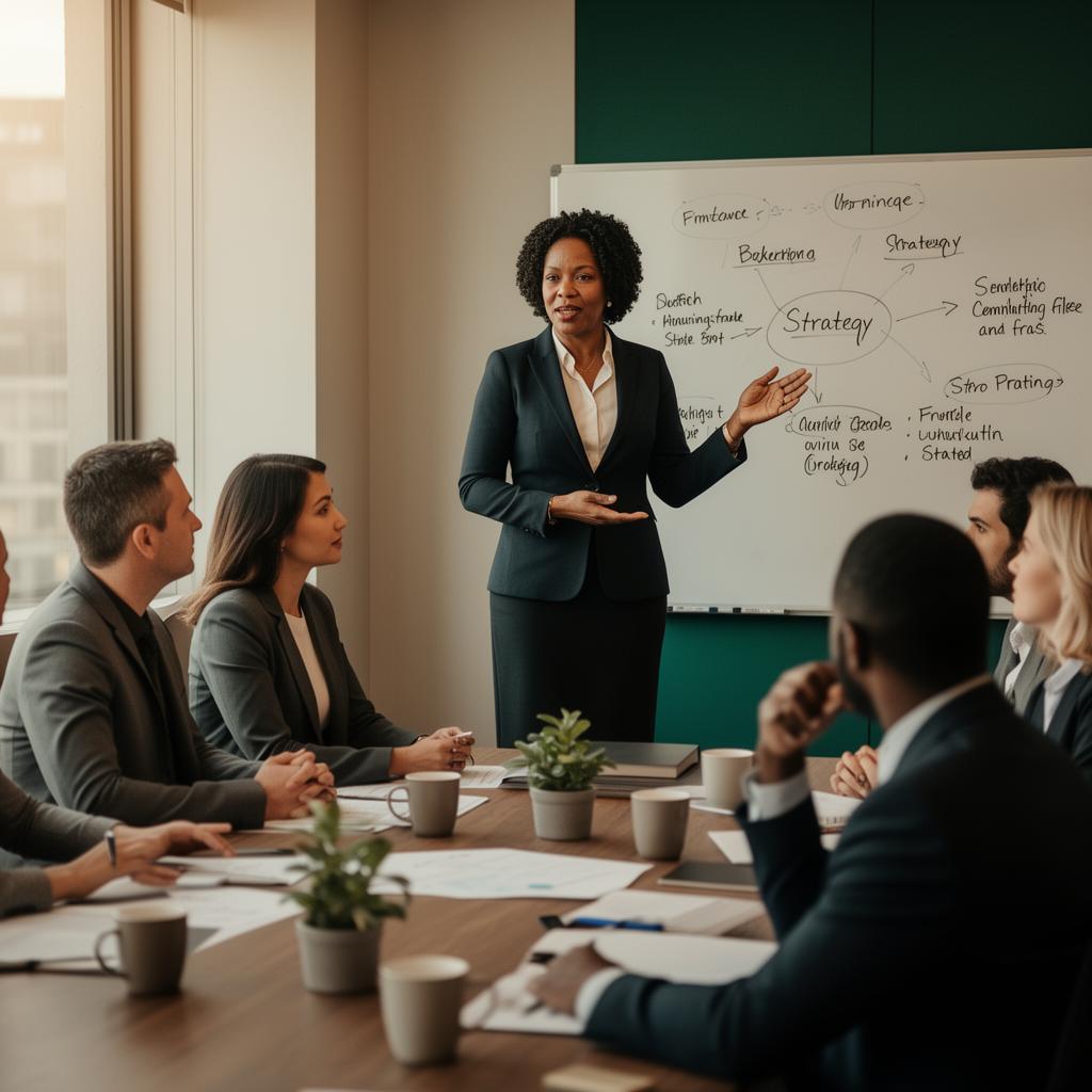 Experienced consultant leading a strategy discussion with a diverse team in an executive meeting room